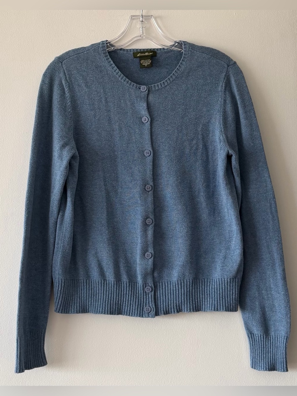 Vintage Eddie Bauer Cotton Knit Cardigan Sweater Heather Blue Crewneck Small